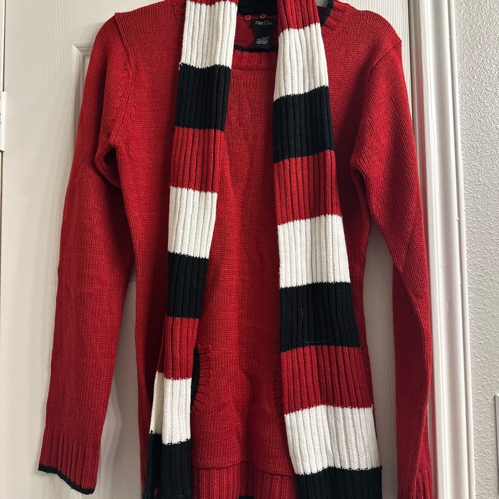 Rue21 Red Sweater with Black and White Scarf